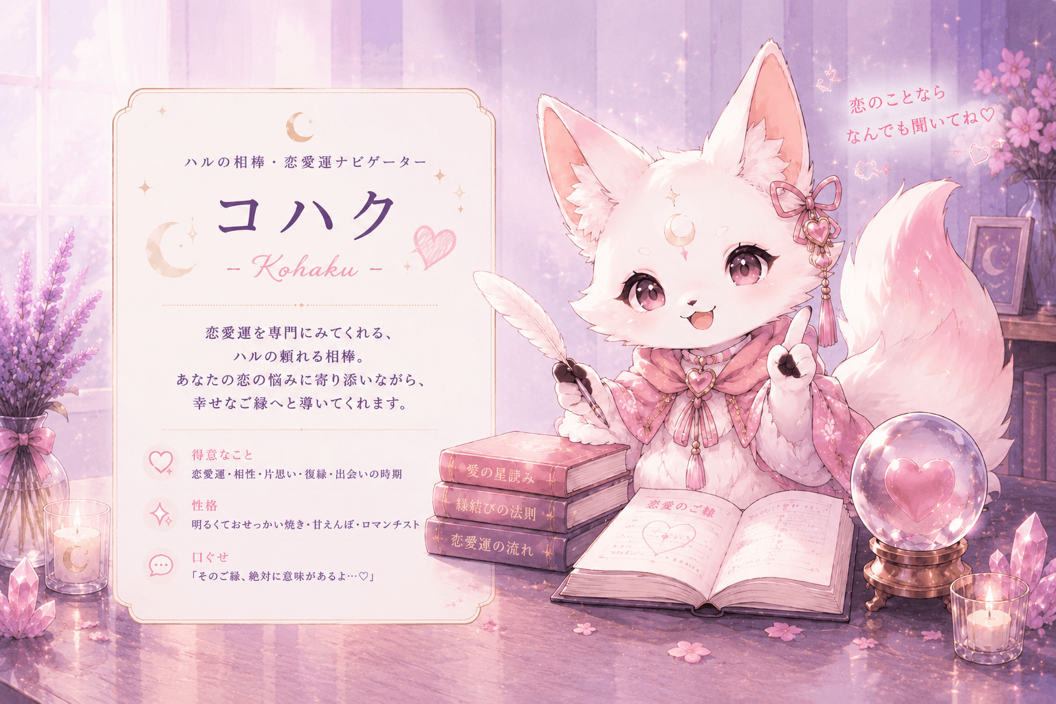 恋愛アドバイスを届けるコハクの紹介イラスト